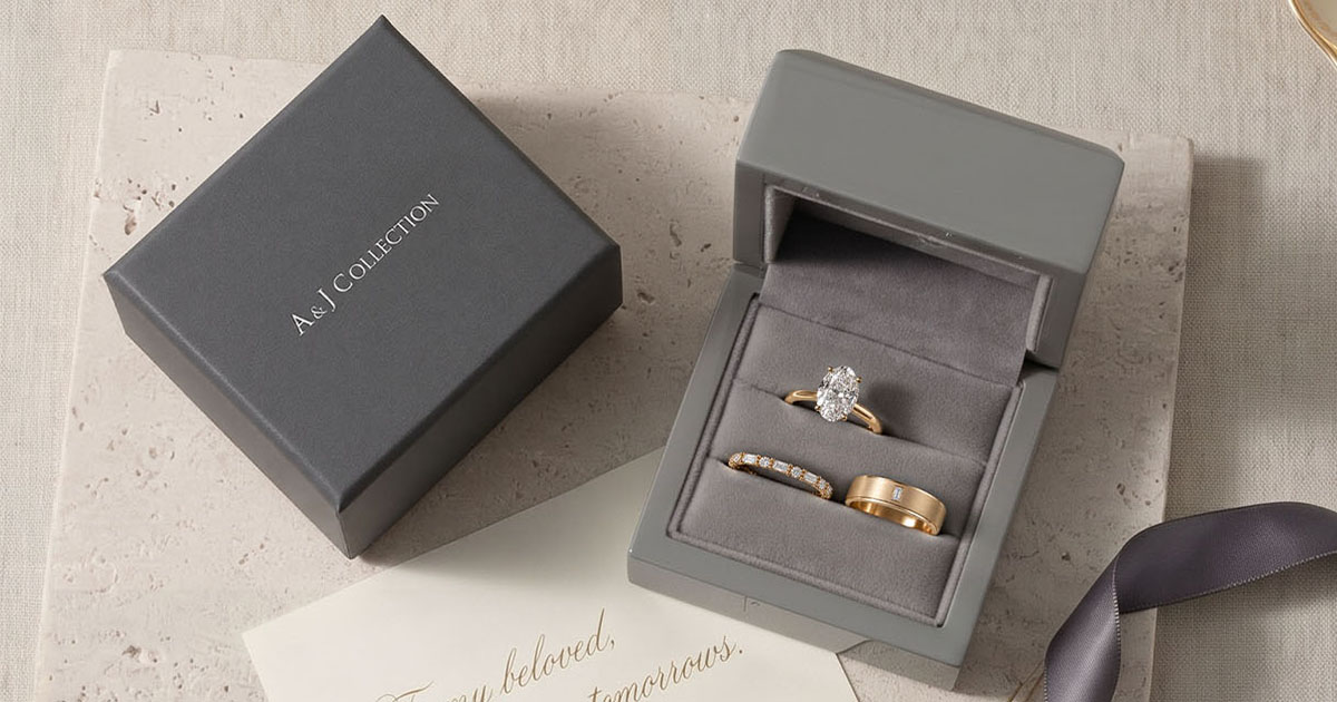 A&J Collection 戒盒裡的橢圓形求婚鑽戒與一對結婚對戒