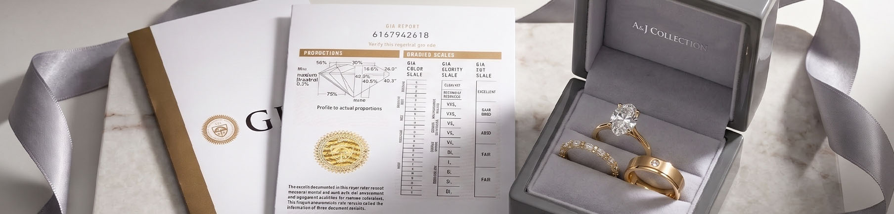 打開的灰色戒盒裡放著橢圓形單鑽戒與金色對戒,旁邊是鑽石鑑定證書
